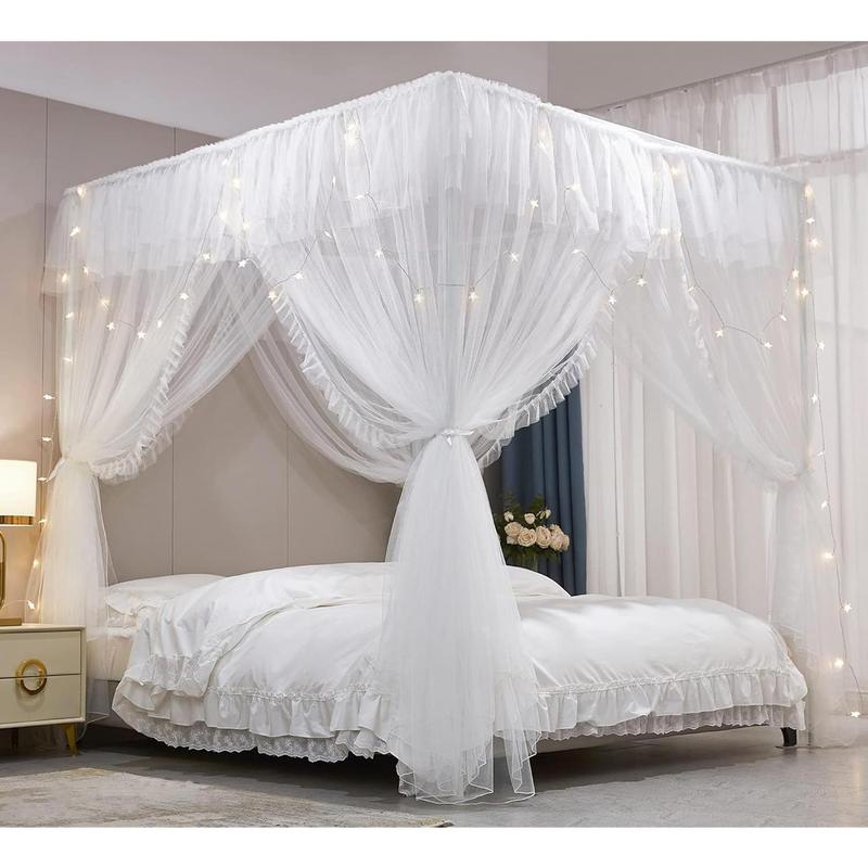 4 Corners  Ruffle Princess Bed Canopy Curtain-Double Layer Cozy Drape Netting 4 Opening Mosquito Net for Girls Adults Bedroom Decoration (White/White, 78" W*86" L*82"*H/())