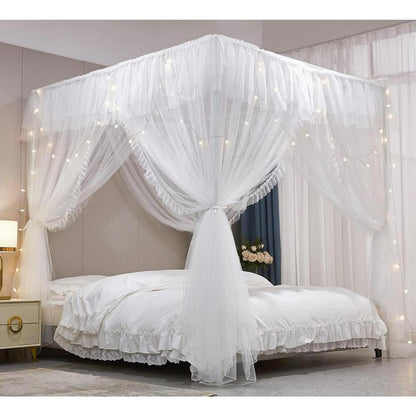 4 Corners  Ruffle Princess Bed Canopy Curtain-Double Layer Cozy Drape Netting 4 Opening Mosquito Net for Girls Adults Bedroom Decoration (White/White, 78" W*86" L*82"*H/())