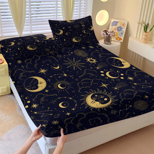 Vintage Gold Sun Moon Constellation Fitted Sheet Set, 1 Fitted Sheet + 2 Pillowcases, Deep Pocket Non-Slip, Soft Breathable All Season Bedding, Breathable Sheets, Boho Celestial Cloud Star Print For Bedroom Decor