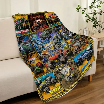 Monster Jam Monster Trucks Flannel Throw Blanket, Grave Digger Max-D Megalodon El Toro Loco All Over Print Soft Fleece Blanket For Boys Bedroom Sofa Couch Kids Gift