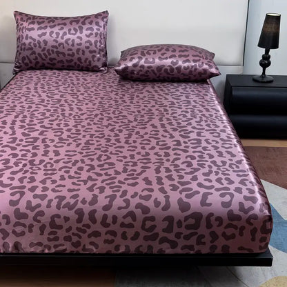 2/3-Piece Leopard Print Satin Bedding Set – Soft Breathable Fitted Sheet & Pillowcases, Deep Pocket, All-Season Comfort for Home Hotel style Bedroom Decor