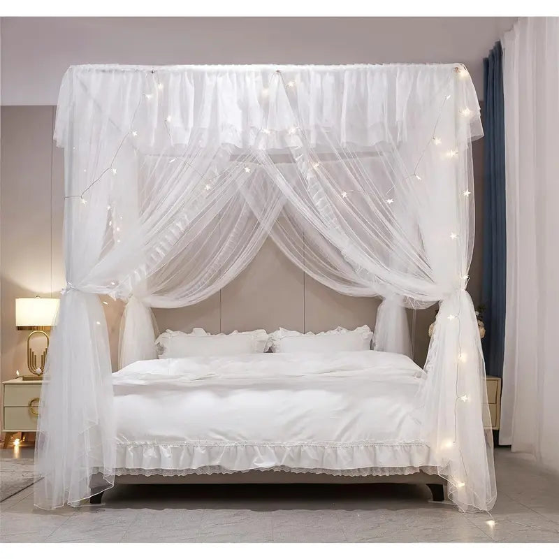 4 Corners  Ruffle Princess Bed Canopy Curtain-Double Layer Cozy Drape Netting 4 Opening Mosquito Net for Girls Adults Bedroom Decoration (White/White, 78" W*86" L*82"*H/())