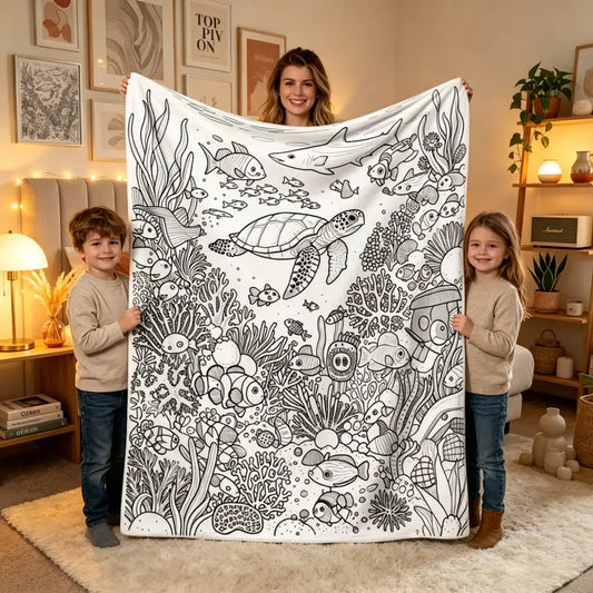 （No markers included）Adult DIY Color Art Ocean Sea Creature Line Art Colorable Flannel Blanket - Customized, Ultra Soft, Cozy Aesthetic, Fade Resistant, All-Season Warm Plush Throw for Cozy Room Setup, Ideal Holiday & Birthday Gift