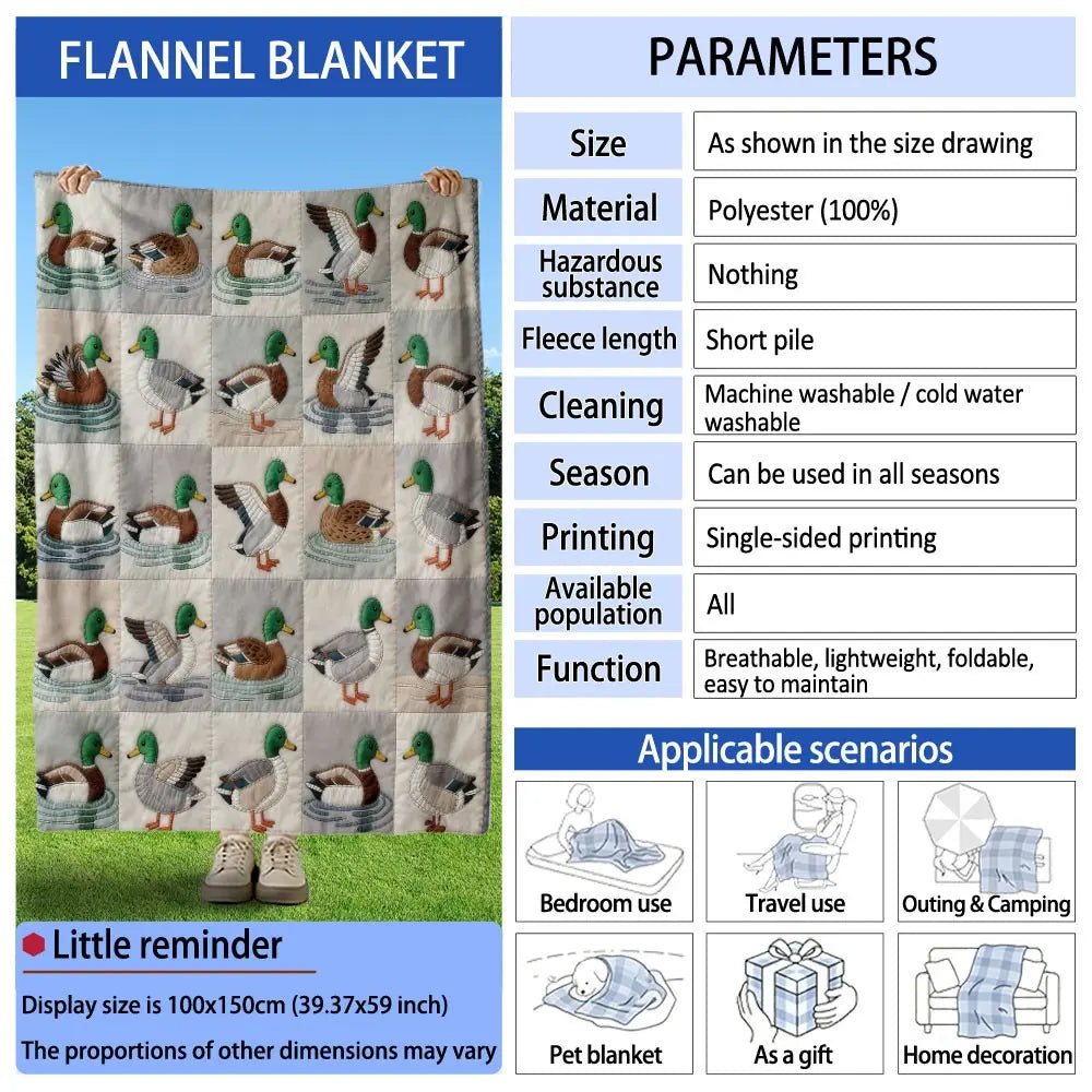 1pc Quilted Flannel Blanket with Mallard Print, Soft Comfy Blanket, Soft, Lightweight & Warm Versatile Throw for Sofa, Bed, Office or Camping, All-Season Gift, Soft Blankets, Warm Bedroom Blanket, Cozy Throw Blanket, Blanket for Couch