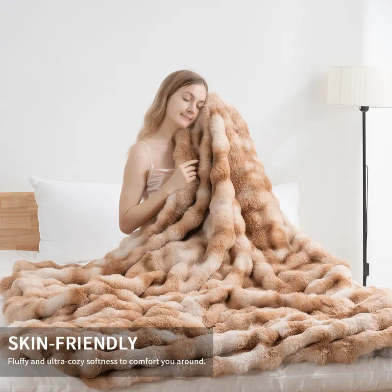 500GSM Faux Rabbit Fur Plush Blanket, Ultra Soft Fluffy Plush Throw for Stress & Anxiety Relief, Thick Warm Cozy Blanket for Couch, Bed, Travel & Relaxation, Oversized, Cozy, Soft Warm Throw