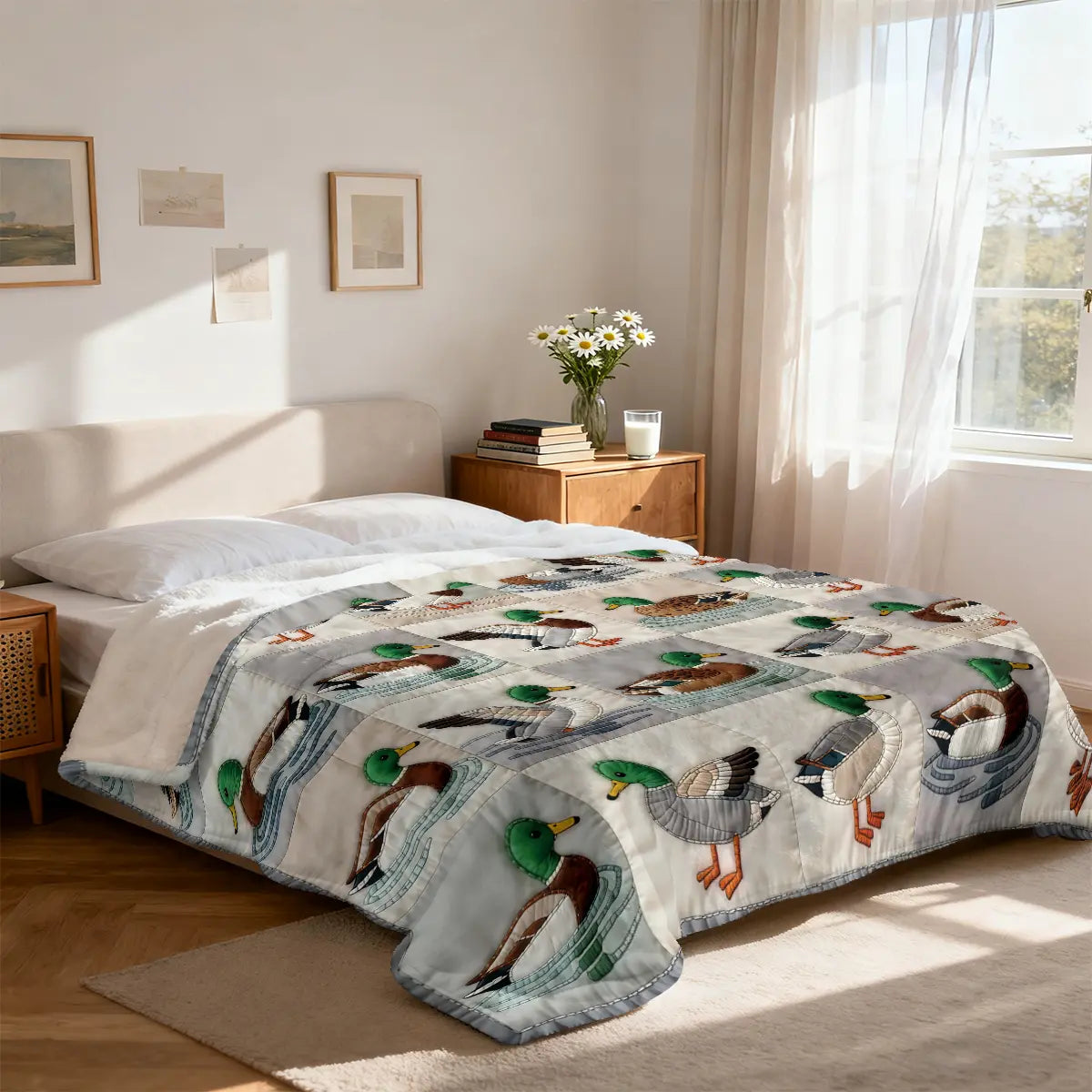 1pc Quilted Flannel Blanket with Mallard Print, Soft Comfy Blanket, Soft, Lightweight & Warm Versatile Throw for Sofa, Bed, Office or Camping, All-Season Gift, Soft Blankets, Warm Bedroom Blanket, Cozy Throw Blanket, Blanket for Couch