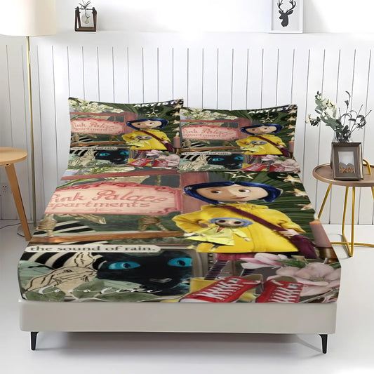 3-piece set of Coraline Ghost Mom patterned bed sheets, Decorative Bedsheet Sets, Bedding Sheets, including 1 bed sheet and 2 pillowcases, with anti slip and dust covers suitable for bedrooms and as a moving or holiday gift