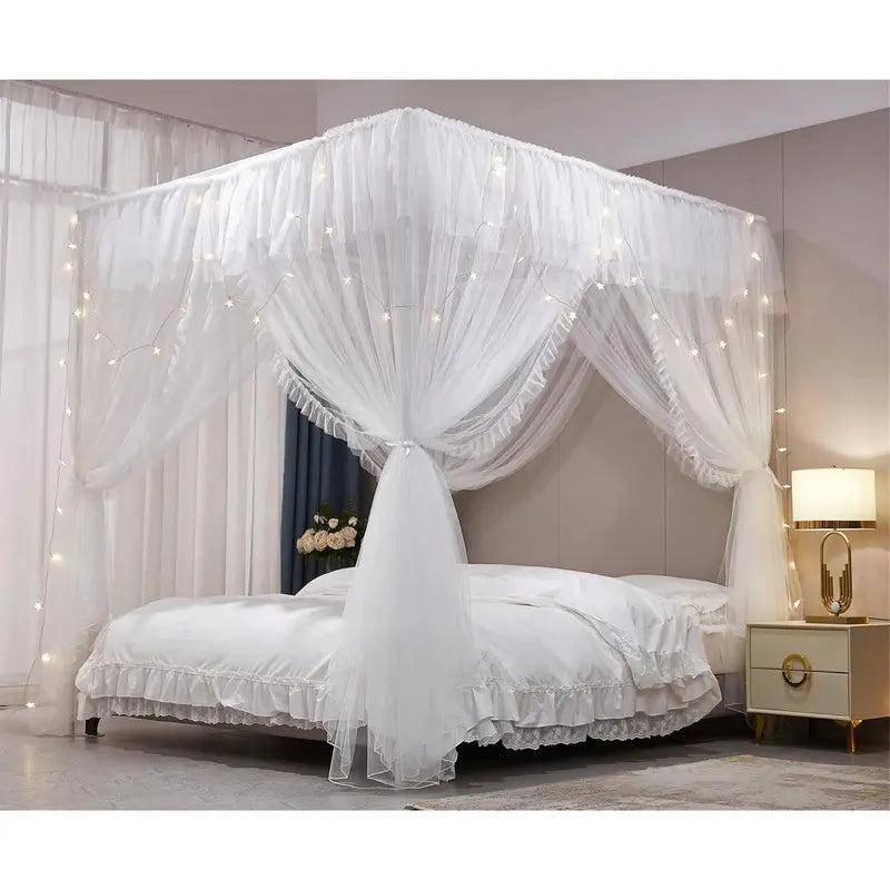 4 Corners  Ruffle Princess Bed Canopy Curtain-Double Layer Cozy Drape Netting 4 Opening Mosquito Net for Girls Adults Bedroom Decoration (White/White, 78" W*86" L*82"*H/())