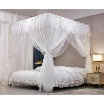 4 Corners  Ruffle Princess Bed Canopy Curtain-Double Layer Cozy Drape Netting 4 Opening Mosquito Net for Girls Adults Bedroom Decoration (White/White, 78" W*86" L*82"*H/())