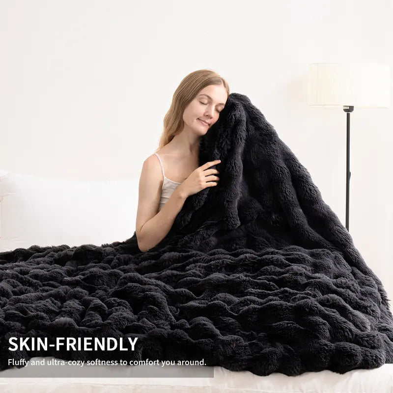 500GSM Faux Rabbit Fur Plush Blanket, Ultra Soft Fluffy Plush Throw for Stress & Anxiety Relief, Thick Warm Cozy Blanket for Couch, Bed, Travel & Relaxation, Oversized, Cozy, Soft Warm Throw
