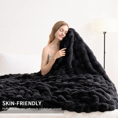 500GSM Faux Rabbit Fur Plush Blanket, Ultra Soft Fluffy Plush Throw for Stress & Anxiety Relief, Thick Warm Cozy Blanket for Couch, Bed, Travel & Relaxation, Oversized, Cozy, Soft Warm Throw